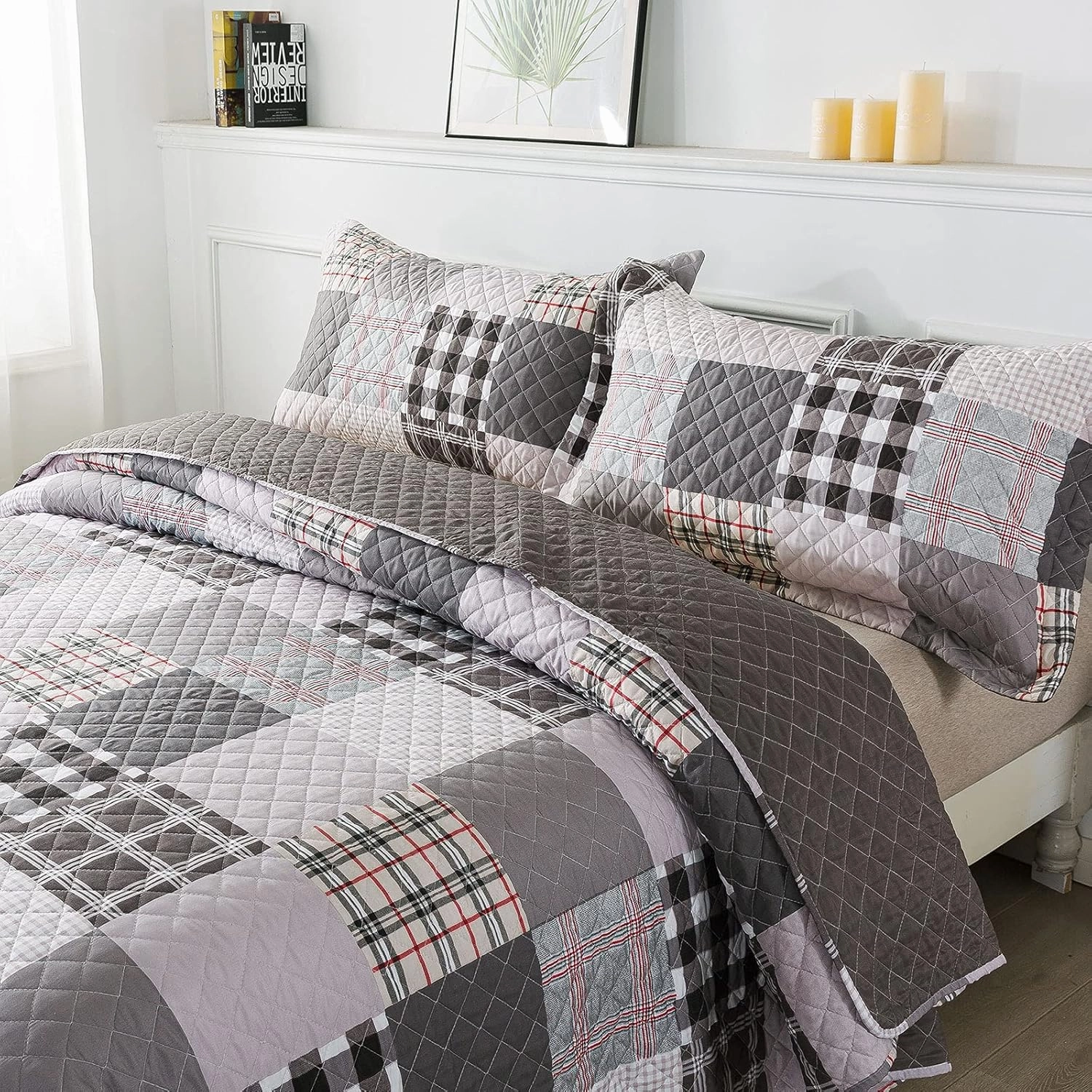 Travan Quilt Set 3-Piece Oversized Quilted Bedspread Coverlet Set Grey European British Grid Patchwork Bedding Set, Queen Size