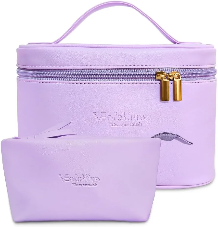Travel Cosmetic Bag for Women, PU Leather Cosmetic Bag Set of 2, Waterproof, Large Makeup Bag with Handle (Light purple makeup bag)
