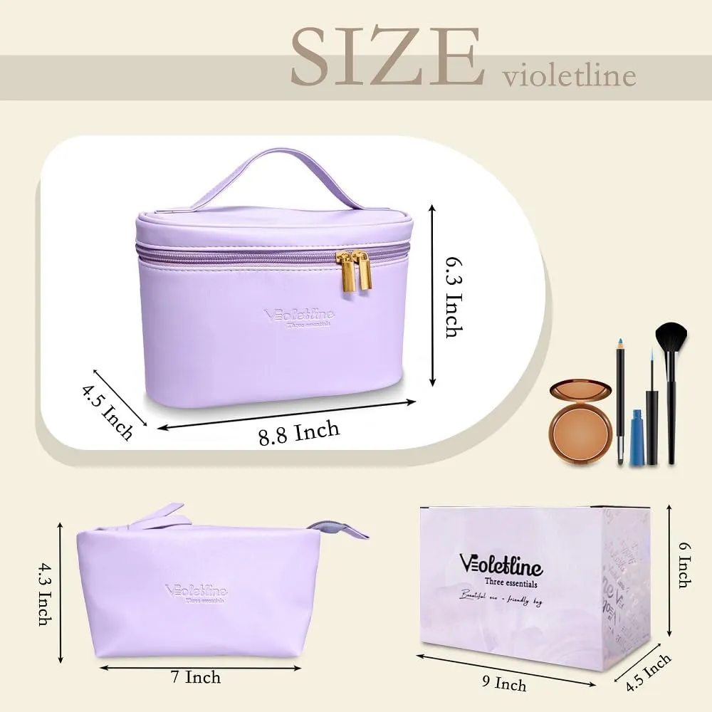 Travel Cosmetic Bag for Women, PU Leather Cosmetic Bag Set of 2, Waterproof, Large Makeup Bag with Handle (Light purple makeup bag)