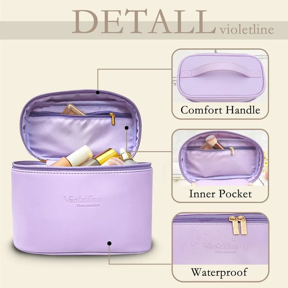 Travel Cosmetic Bag for Women, PU Leather Cosmetic Bag Set of 2, Waterproof, Large Makeup Bag with Handle (Light purple makeup bag)