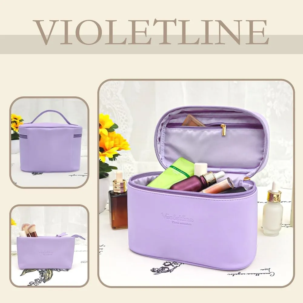 Travel Cosmetic Bag for Women, PU Leather Cosmetic Bag Set of 2, Waterproof, Large Makeup Bag with Handle (Light purple makeup bag)