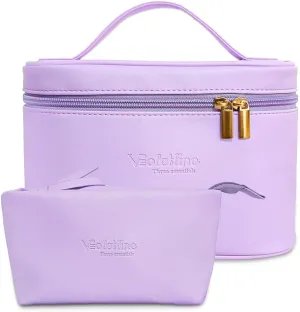 Travel Cosmetic Bag for Women, PU Leather Cosmetic Bag Set of 2, Waterproof, Large Makeup Bag with Handle (Light purple makeup bag)