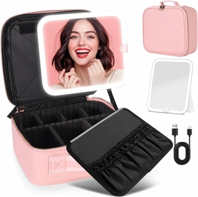Travel Makeup Bag with LED Mirror, Cosmetic Makeup Organizer Bag with 3-Color Lighting, Adjustable Brightness, and Removable Dividers, Waterproof Makeup Case Pink