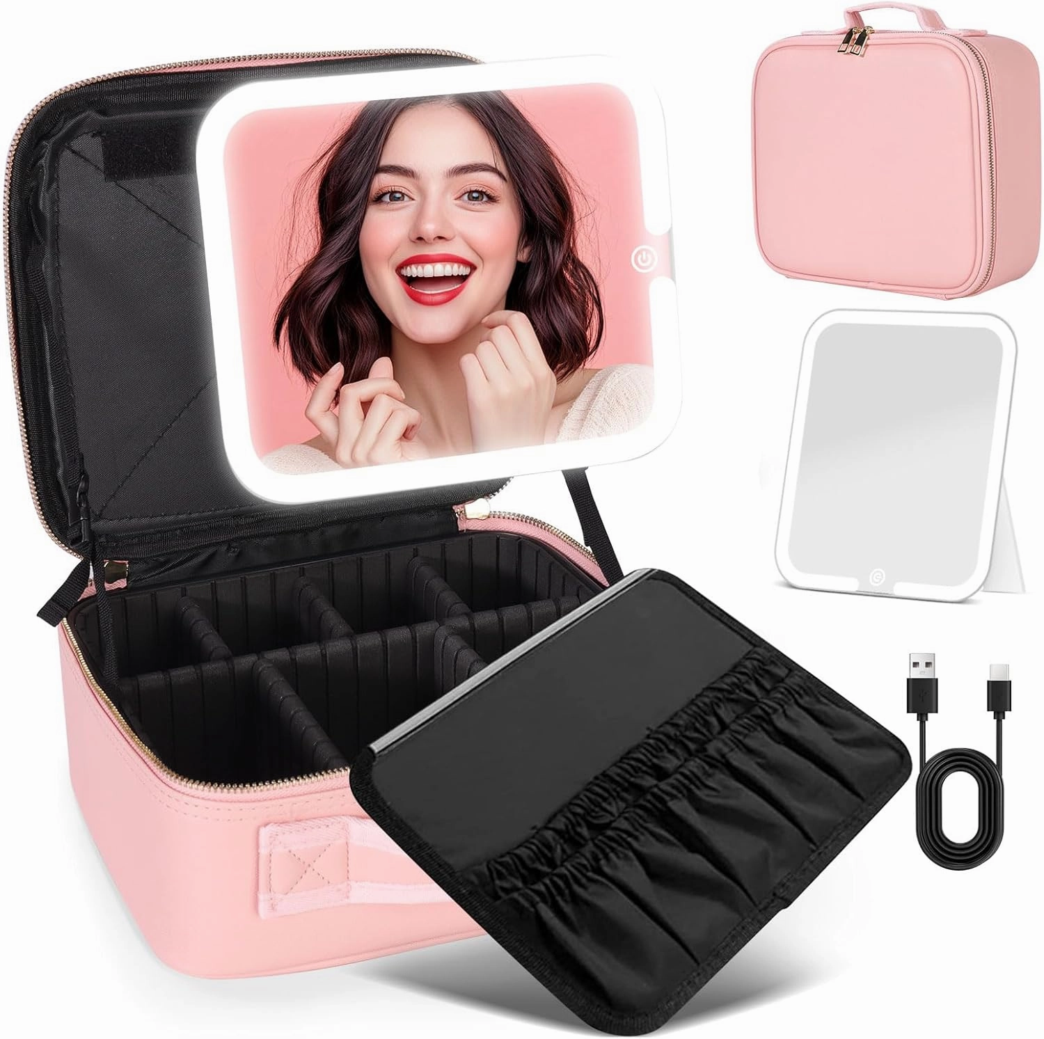 Travel Makeup Bag with LED Mirror, Cosmetic Makeup Organizer Bag with 3-Color Lighting, Adjustable Brightness, and Removable Dividers, Waterproof Makeup Case Pink