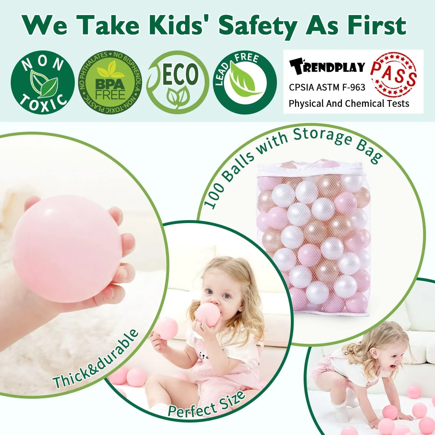 TRENDPLAY Plastic Balls for Ball Pits, Pack of 100 Hollow Balls, Perfect for Toddler Baby Pools,Party Decoration, 2.2 Inch 2.4 Inch 2.75 Inch