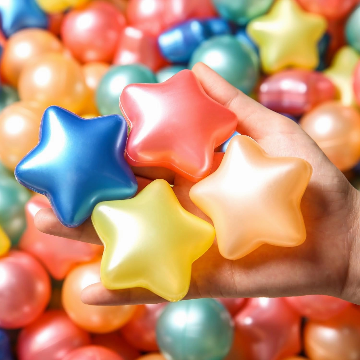 TRENDPLAY Star Ball Pit Balls for Toddlers -50 100 200 Count Star Balls Different Shapes, Non-Toxic Plastic Balls for Safe Play, Boys Girls Festival Party Decoration
