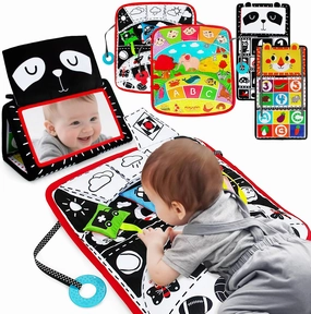 Tummy Time Mirror, Baby Mirror Toys with Sensory Pillow, 3D Activity Play Crawling Mat, Crinkle Cloth Book Teether High Contrast Baby Toys for Babies, Fine Motor Skill Development Travel Toys