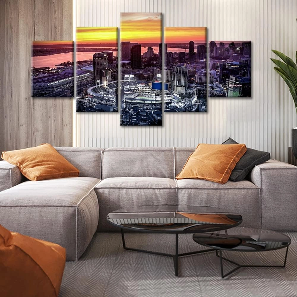 TUMOVO Petco Park Stadium Canvas Paintings Bedroom Canvas Wall Art 5 Panel San Diego City Baseball Stadium Posters and Prints Sports Pictures Modern Home Decor Framed Ready to Hang (60" Wx32 H)