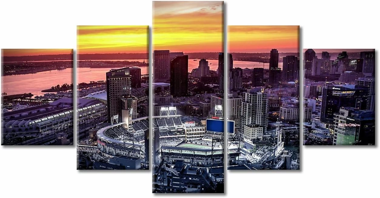 TUMOVO Petco Park Stadium Canvas Paintings Bedroom Canvas Wall Art 5 Panel San Diego City Baseball Stadium Posters and Prints Sports Pictures Modern Home Decor Framed Ready to Hang (60" Wx32 H)