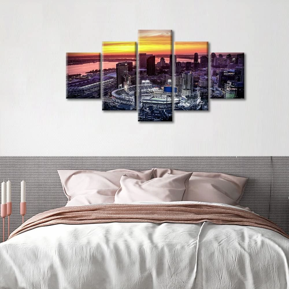 TUMOVO Petco Park Stadium Canvas Paintings Bedroom Canvas Wall Art 5 Panel San Diego City Baseball Stadium Posters and Prints Sports Pictures Modern Home Decor Framed Ready to Hang (60" Wx32 H)