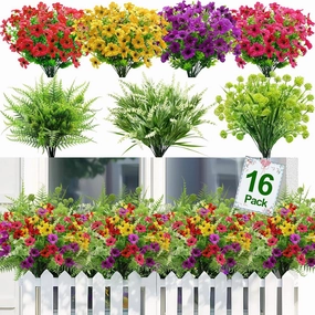 TURNMEON 16 Bundles 7 Styles Artificial Flowers for Outdoors Summer Decor, Fake Flowers Outdoor Faux Plants UV Resistant Colorful Daisy Boston Fern Lavender Cemetery Flowers for Grave Outside Home
