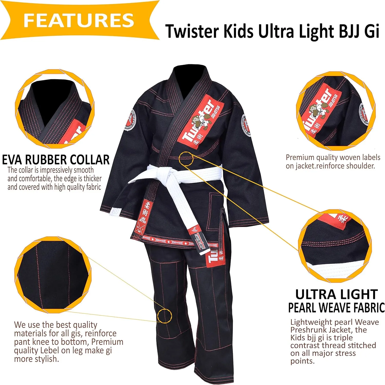 Twister Kids Brazilian Jiu Jitsu Gi | Preshrunk Ultra Light Fabric Youth BJJ Gi | Comes with FREE White Belt