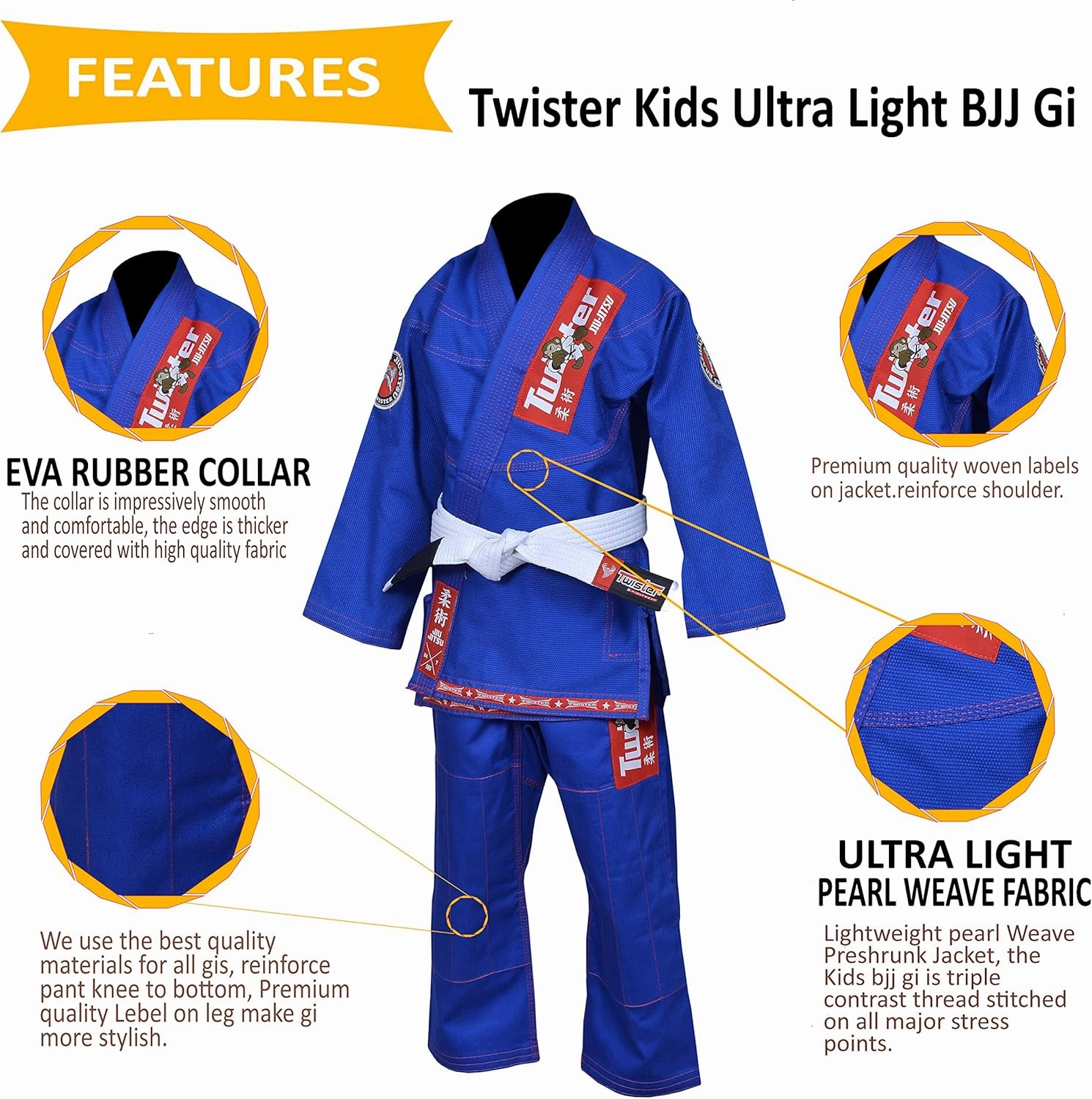 Twister Kids Brazilian Jiu Jitsu Gi | Preshrunk Ultra Light Fabric Youth BJJ Gi | Comes with FREE White Belt