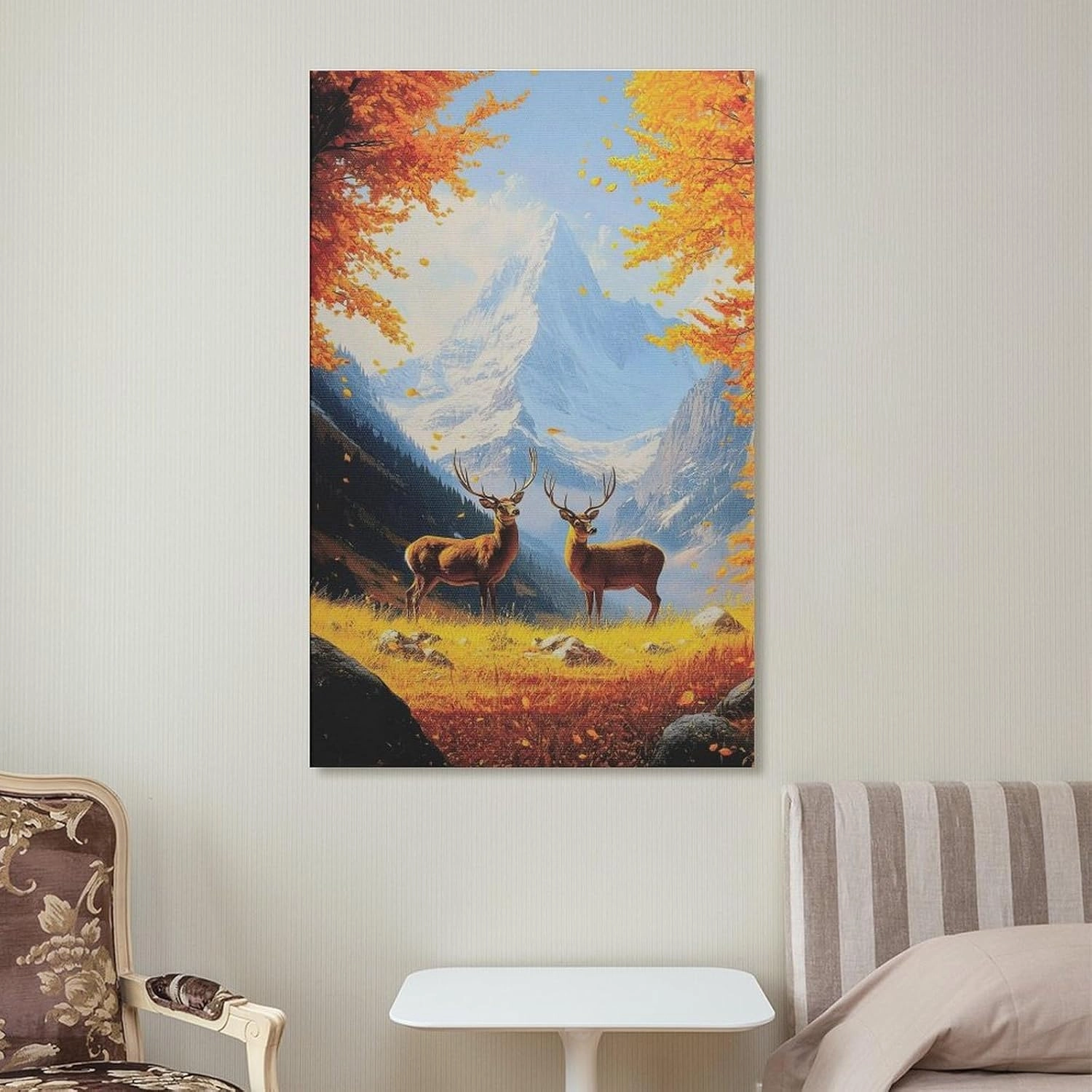 Two Deer in Autumn Valley with Snowy Mountains Realistic Oil Painting Poster Canvas Poster Bedroom Decor Landscape Office Room Decor Gift Frame-style Frame-style 12x18inch(30x45cm)