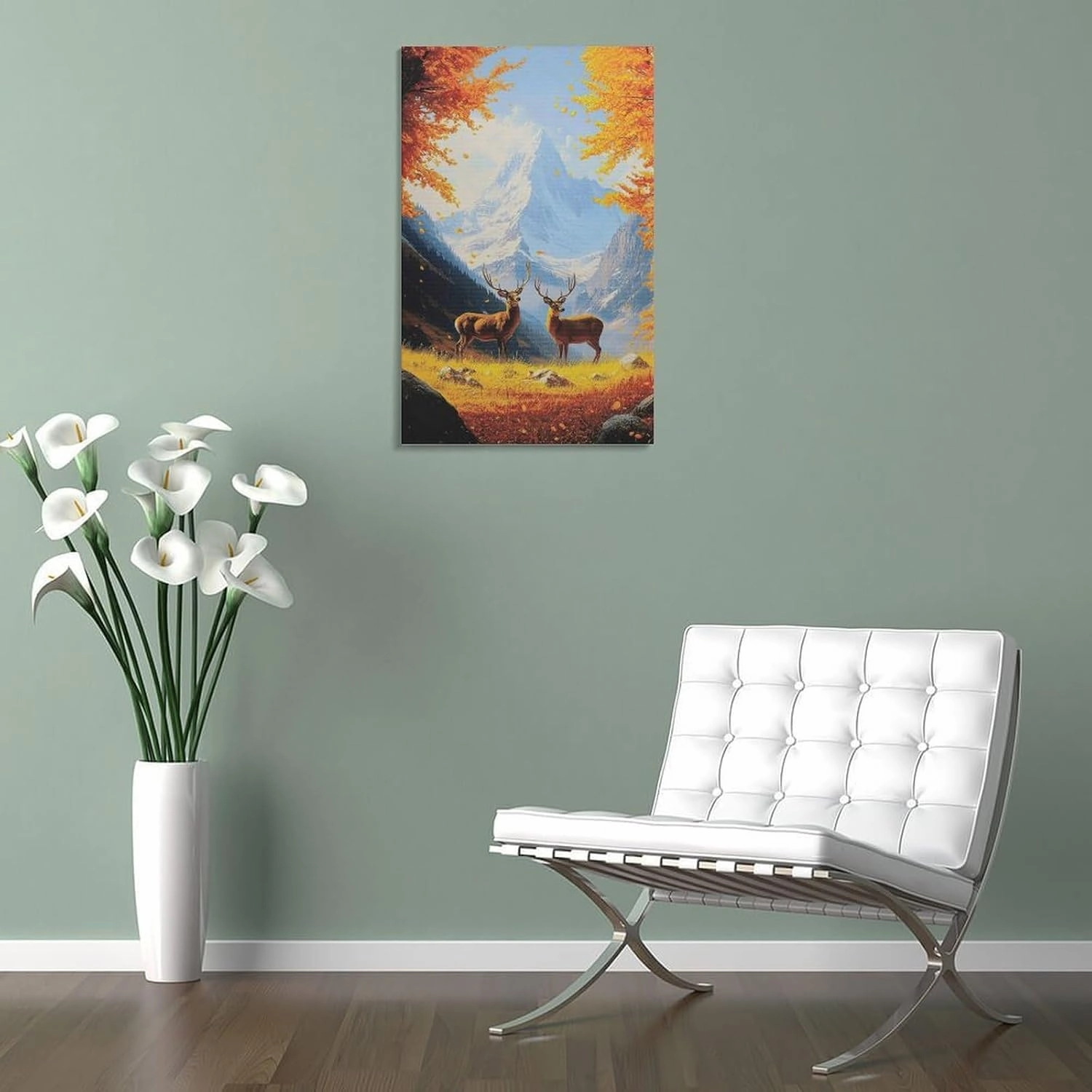 Two Deer in Autumn Valley with Snowy Mountains Realistic Oil Painting Poster Canvas Poster Bedroom Decor Landscape Office Room Decor Gift Frame-style Frame-style 12x18inch(30x45cm)