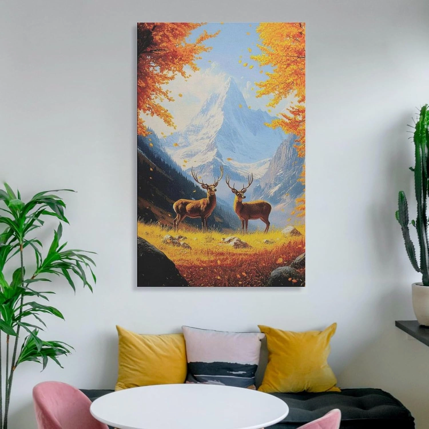 Two Deer in Autumn Valley with Snowy Mountains Realistic Oil Painting Poster Canvas Poster Bedroom Decor Landscape Office Room Decor Gift Frame-style Frame-style 12x18inch(30x45cm)