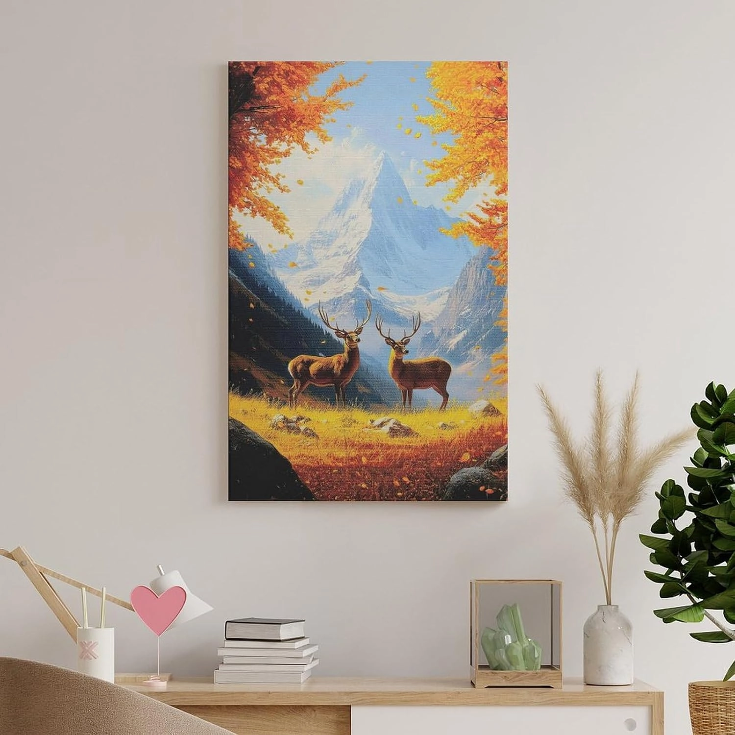 Two Deer in Autumn Valley with Snowy Mountains Realistic Oil Painting Poster Canvas Poster Bedroom Decor Landscape Office Room Decor Gift Frame-style Frame-style 12x18inch(30x45cm)
