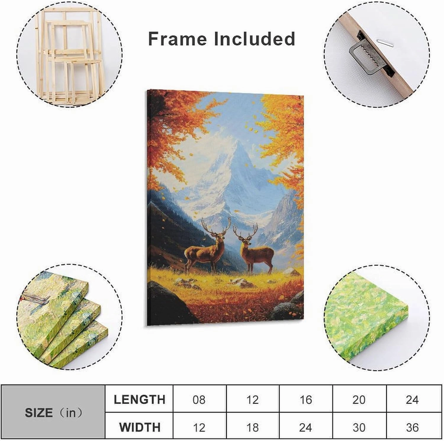 Two Deer in Autumn Valley with Snowy Mountains Realistic Oil Painting Poster Canvas Poster Bedroom Decor Landscape Office Room Decor Gift Frame-style Frame-style 12x18inch(30x45cm)