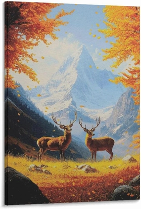 Two Deer in Autumn Valley with Snowy Mountains Realistic Oil Painting Poster Canvas Poster Bedroom Decor Landscape Office Room Decor Gift Frame-style Frame-style 12x18inch(30x45cm)