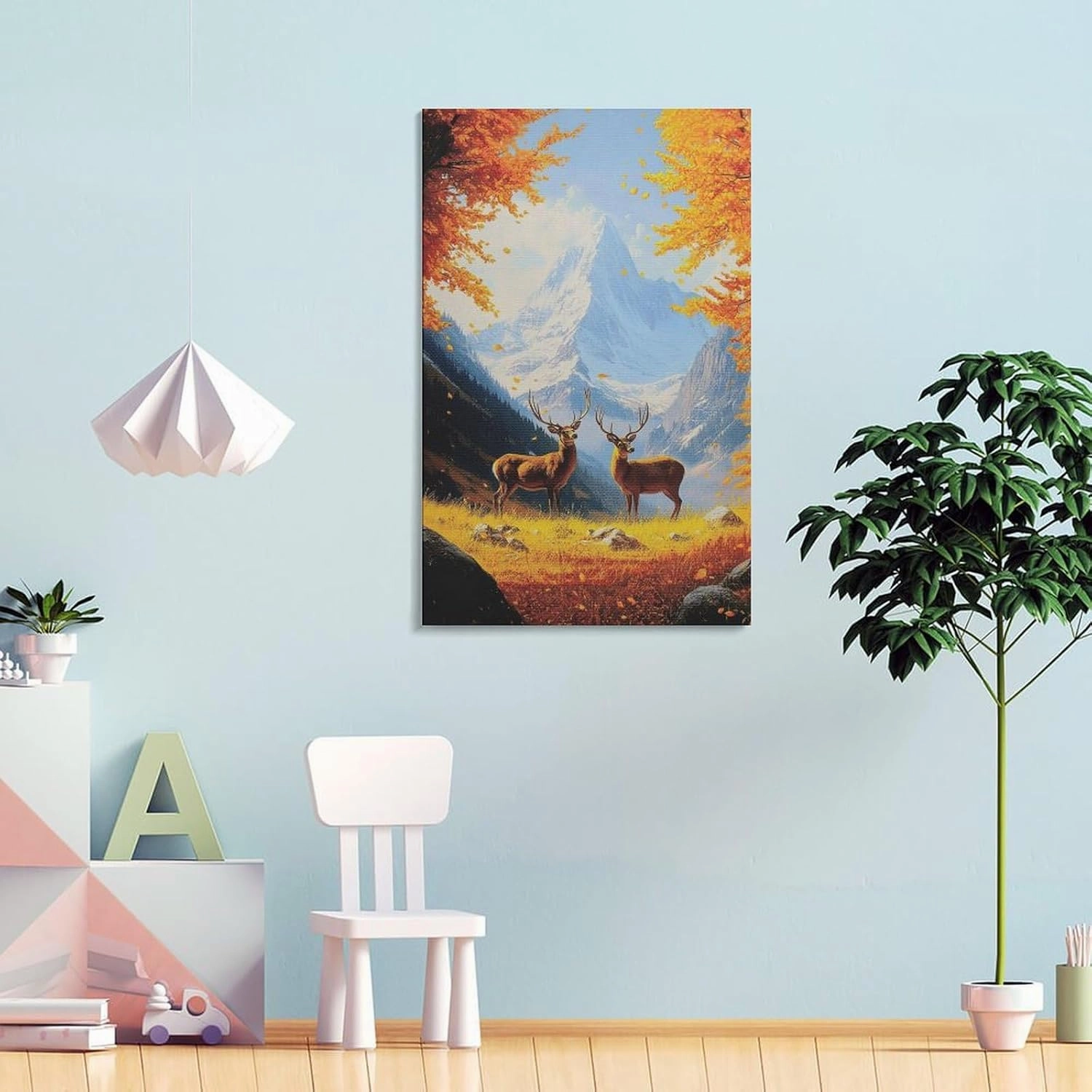 Two Deer in Autumn Valley with Snowy Mountains Realistic Oil Painting Poster Canvas Poster Bedroom Decor Landscape Office Room Decor Gift Frame-style Frame-style 12x18inch(30x45cm)