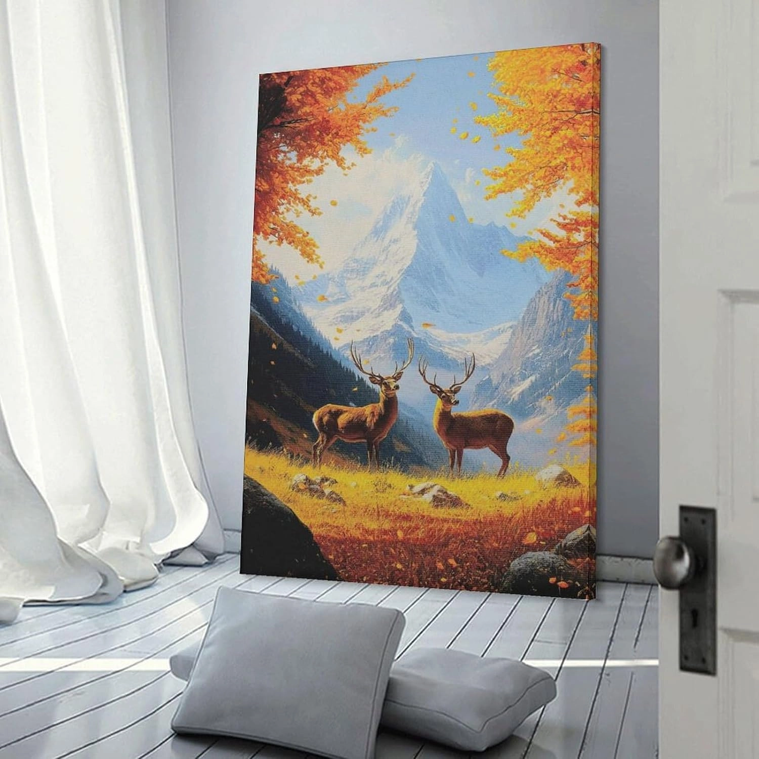 Two Deer in Autumn Valley with Snowy Mountains Realistic Oil Painting Poster Canvas Poster Bedroom Decor Landscape Office Room Decor Gift Frame-style Frame-style 12x18inch(30x45cm)