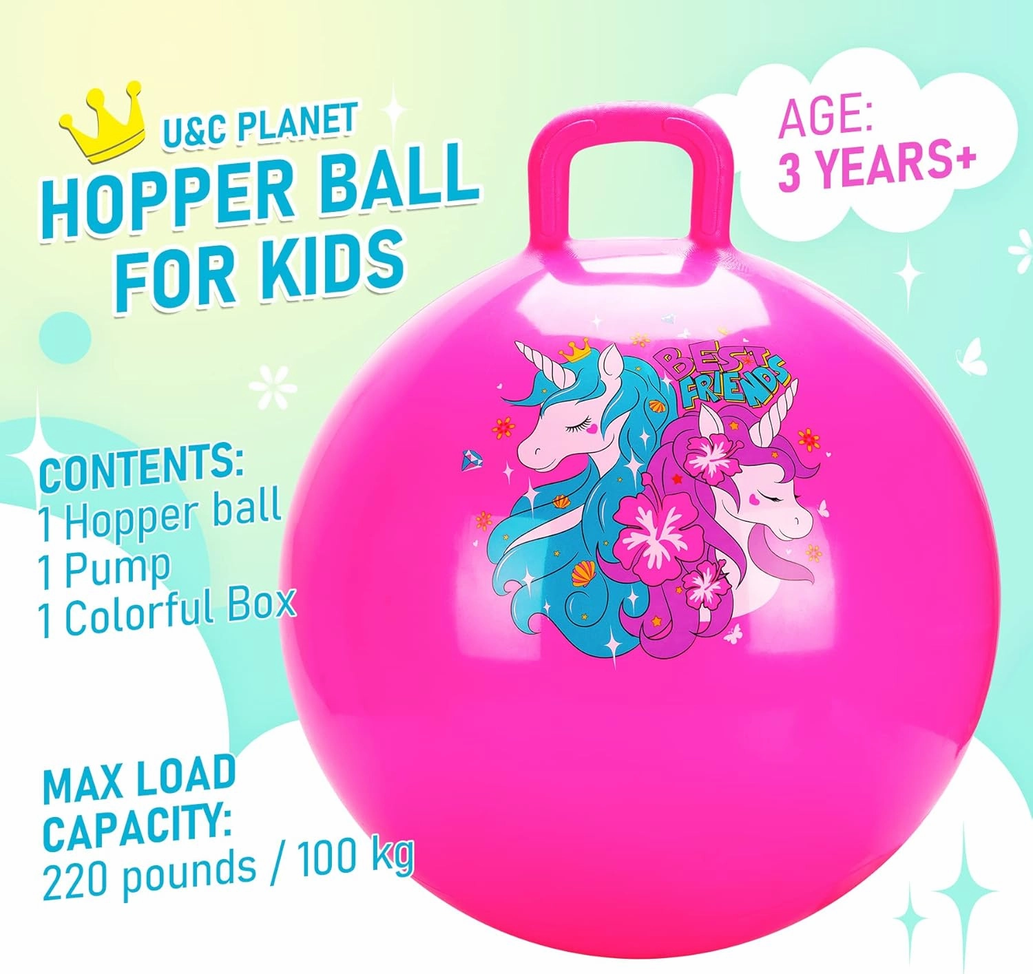 U&C Planet Hopper Ball 18 inches Bouncy Ball with Handle for Kids Age 3-6 Hoppity Hop Sit and Bounce Jumping Hopping Toy with Pump and Gift Box Great Gift for Birthday Christmas, Pink