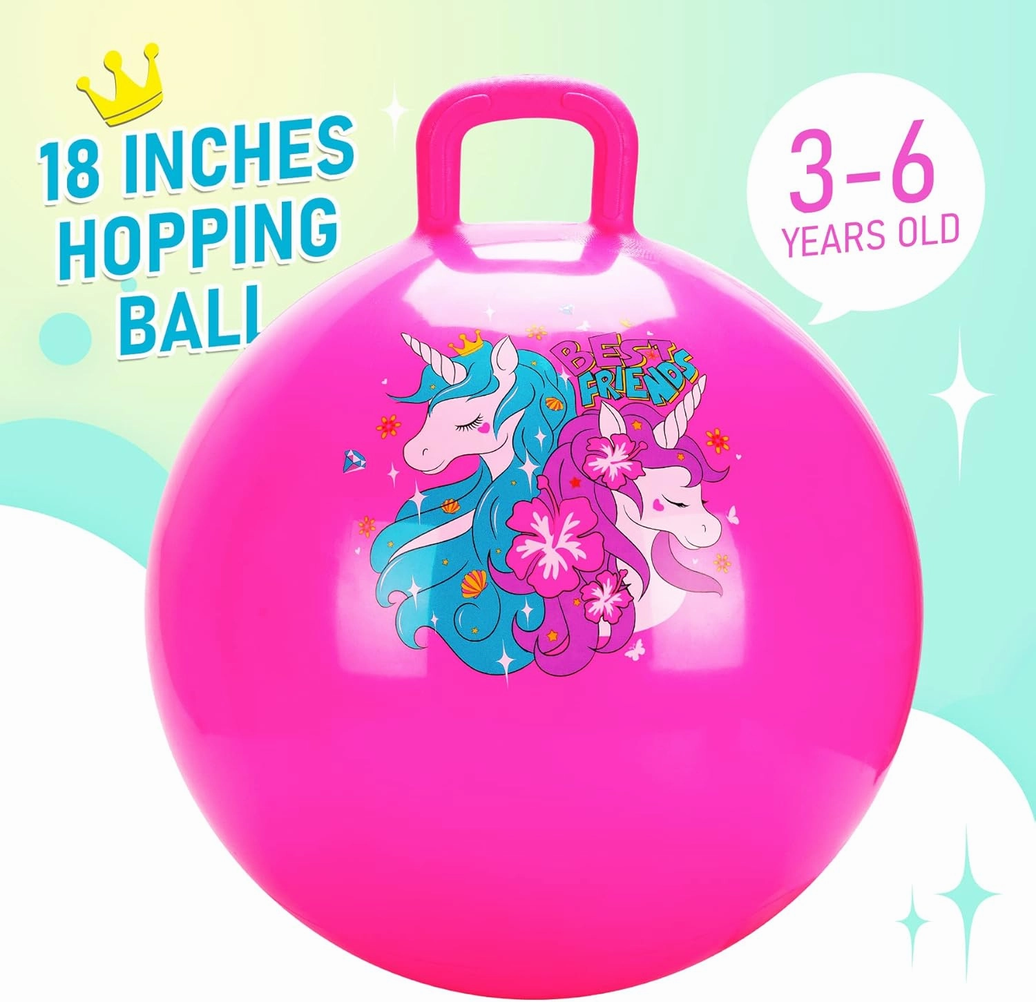 U&C Planet Hopper Ball 18 inches Bouncy Ball with Handle for Kids Age 3-6 Hoppity Hop Sit and Bounce Jumping Hopping Toy with Pump and Gift Box Great Gift for Birthday Christmas, Pink