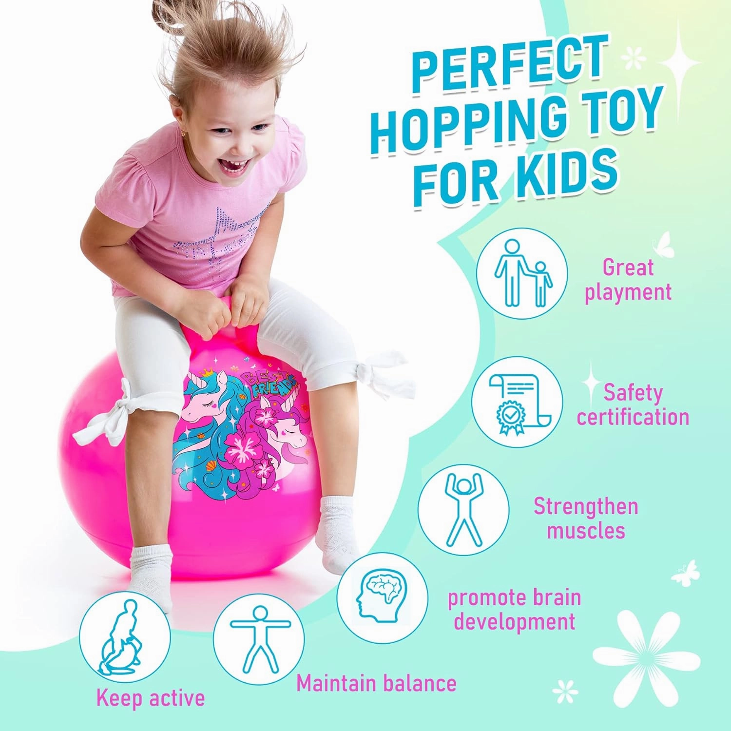 U&C Planet Hopper Ball 18 inches Bouncy Ball with Handle for Kids Age 3-6 Hoppity Hop Sit and Bounce Jumping Hopping Toy with Pump and Gift Box Great Gift for Birthday Christmas, Pink