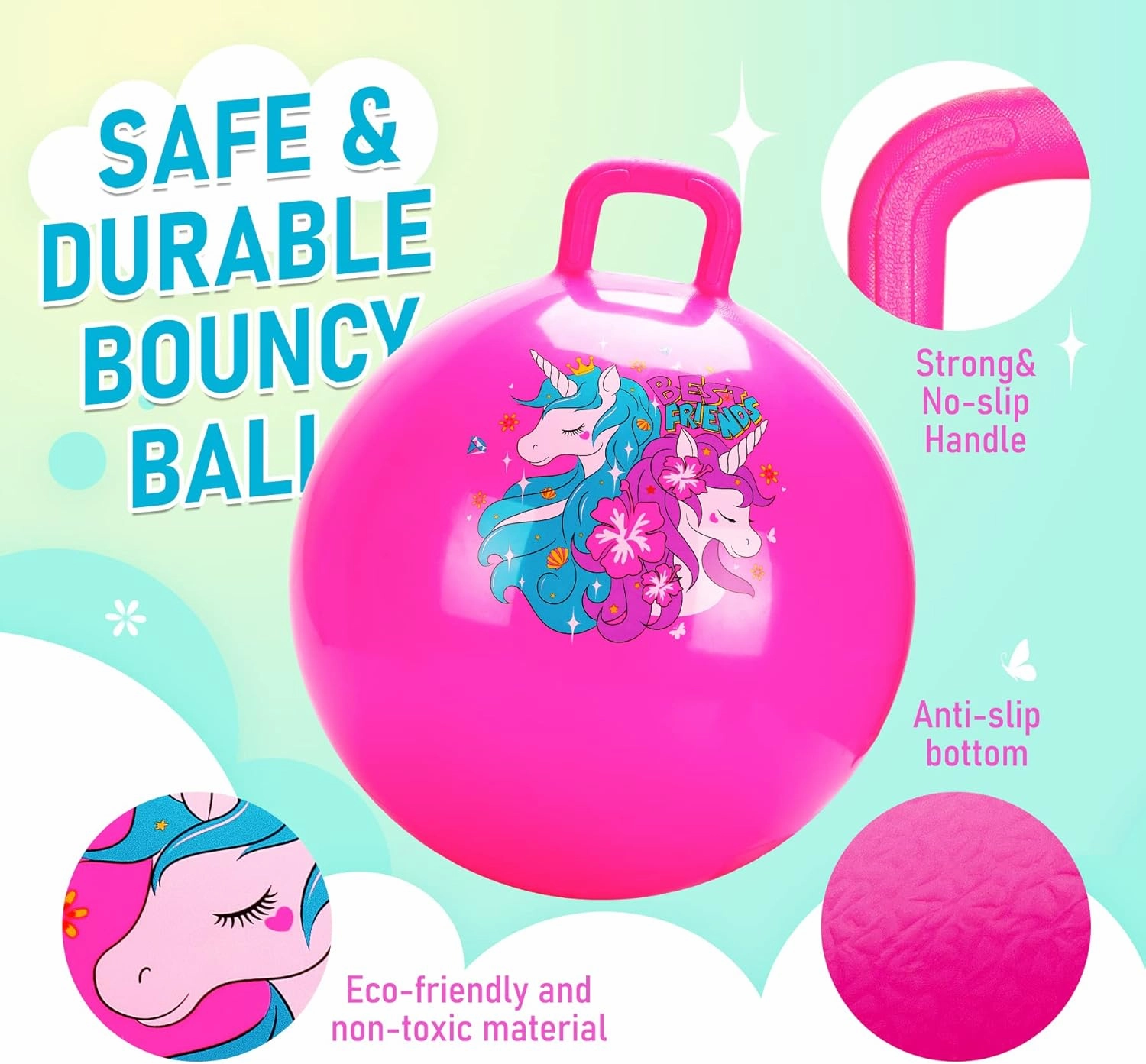 U&C Planet Hopper Ball 18 inches Bouncy Ball with Handle for Kids Age 3-6 Hoppity Hop Sit and Bounce Jumping Hopping Toy with Pump and Gift Box Great Gift for Birthday Christmas, Pink