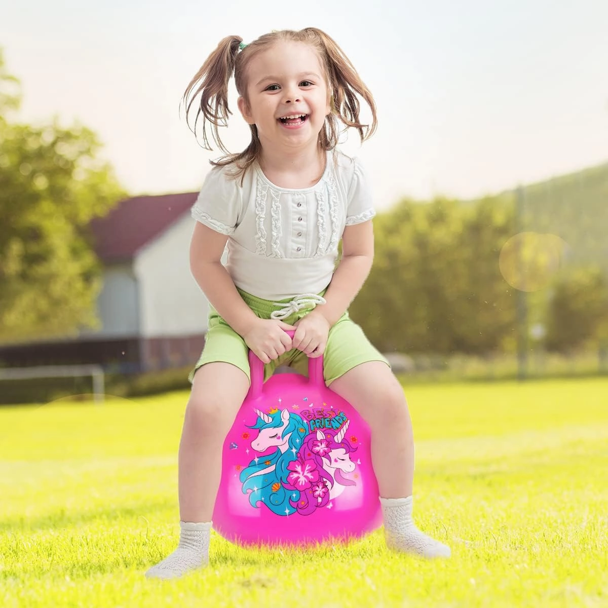 U&C Planet Hopper Ball 18 inches Bouncy Ball with Handle for Kids Age 3-6 Hoppity Hop Sit and Bounce Jumping Hopping Toy with Pump and Gift Box Great Gift for Birthday Christmas, Pink