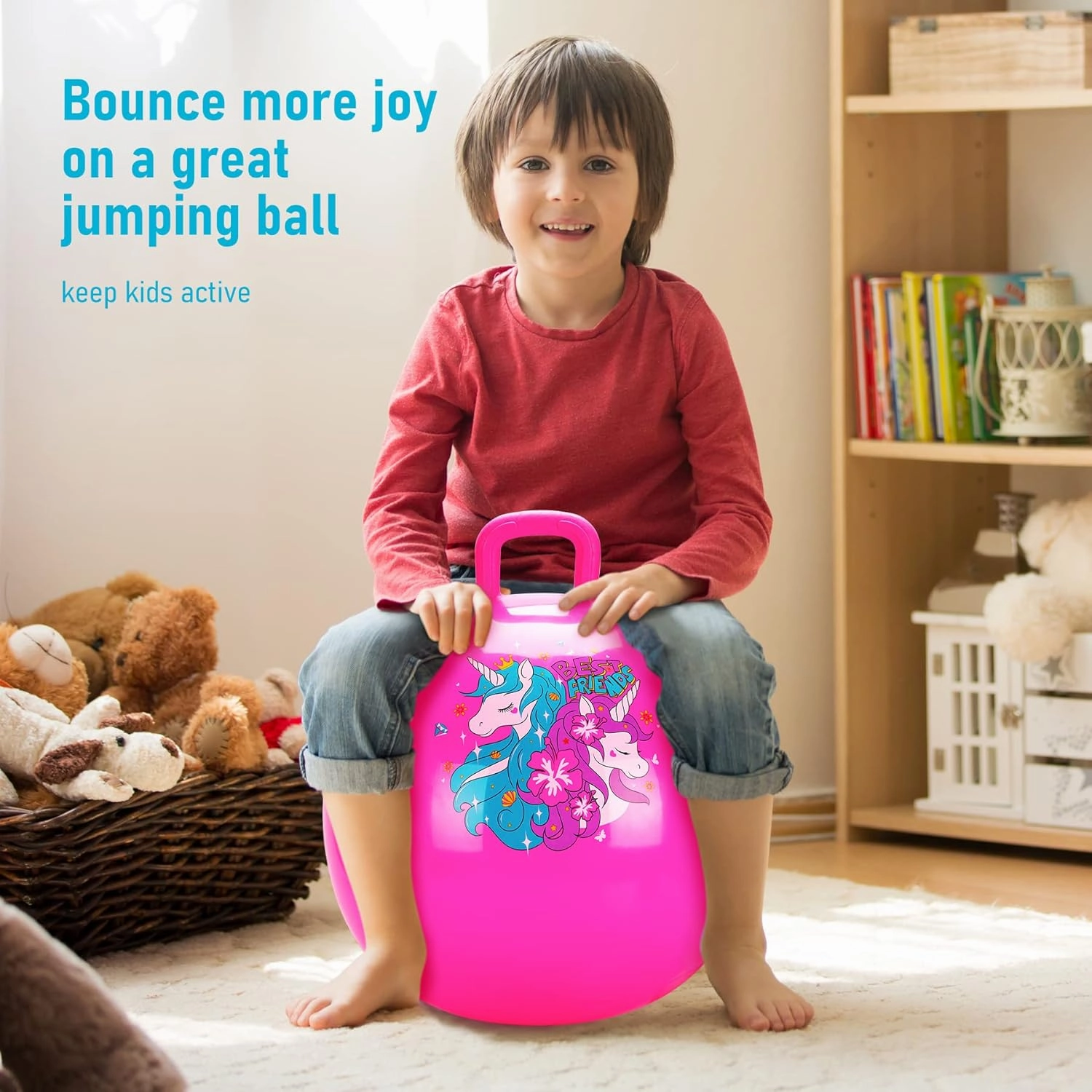 U&C Planet Hopper Ball 18 inches Bouncy Ball with Handle for Kids Age 3-6 Hoppity Hop Sit and Bounce Jumping Hopping Toy with Pump and Gift Box Great Gift for Birthday Christmas, Pink