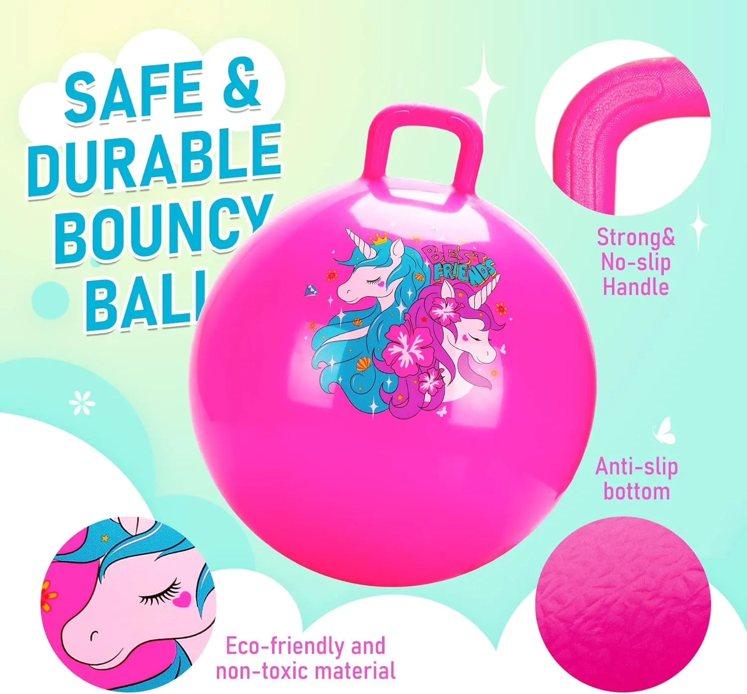 U&C Planet Hopper Ball 18 inches Bouncy Ball with Handle for Kids Age 3-6 Hoppity Hop Sit and Bounce Jumping Hopping Toy with Pump and Gift Box Great Gift for Birthday Christmas, Pink