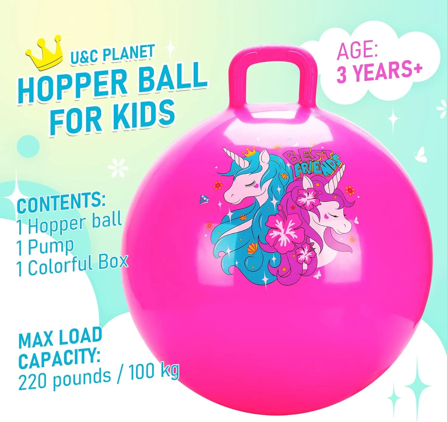 U&C Planet Hopper Ball 18 inches Bouncy Ball with Handle for Kids Age 3-6 Hoppity Hop Sit and Bounce Jumping Hopping Toy with Pump and Gift Box Great Gift for Birthday Christmas, Pink