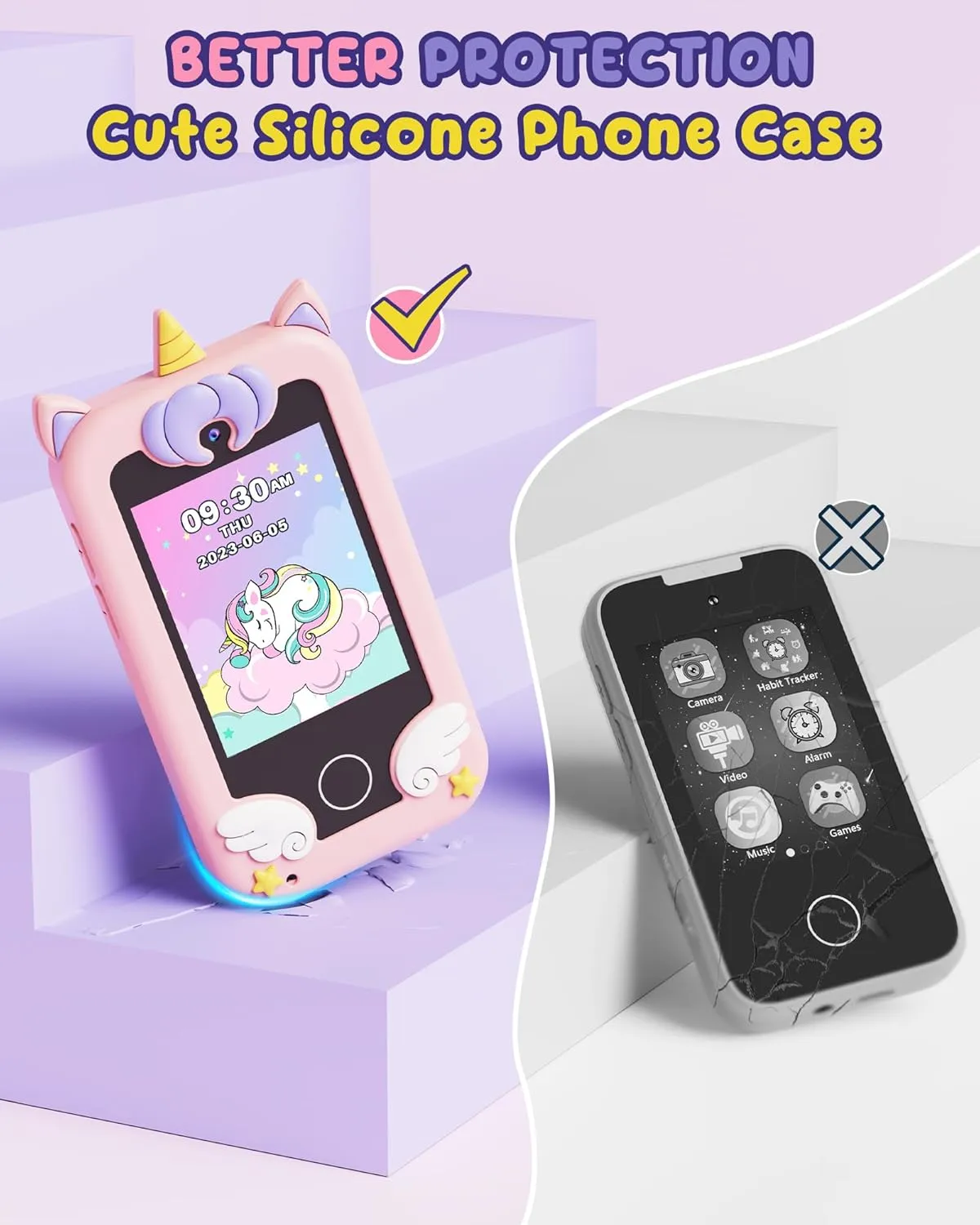 UCIDCI Unicorn Kids Smart Phone Toys for Boy Dual Camera & Music Player Toddler Selfie Phone Toys Road Trip Toys with Learning Games, Christmas, Birthday Gifts for 3 4 5 6 7 Year Old Pink