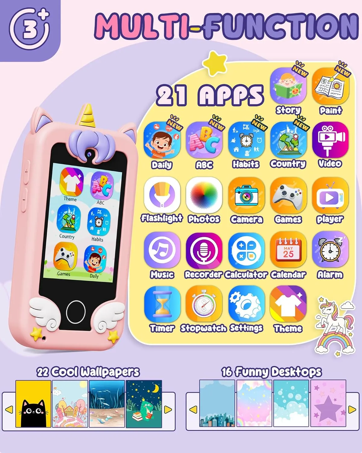UCIDCI Unicorn Kids Smart Phone Toys for Boy Dual Camera & Music Player Toddler Selfie Phone Toys Road Trip Toys with Learning Games, Christmas, Birthday Gifts for 3 4 5 6 7 Year Old Pink