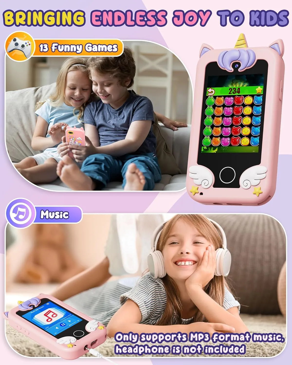 UCIDCI Unicorn Kids Smart Phone Toys for Boy Dual Camera & Music Player Toddler Selfie Phone Toys Road Trip Toys with Learning Games, Christmas, Birthday Gifts for 3 4 5 6 7 Year Old Pink
