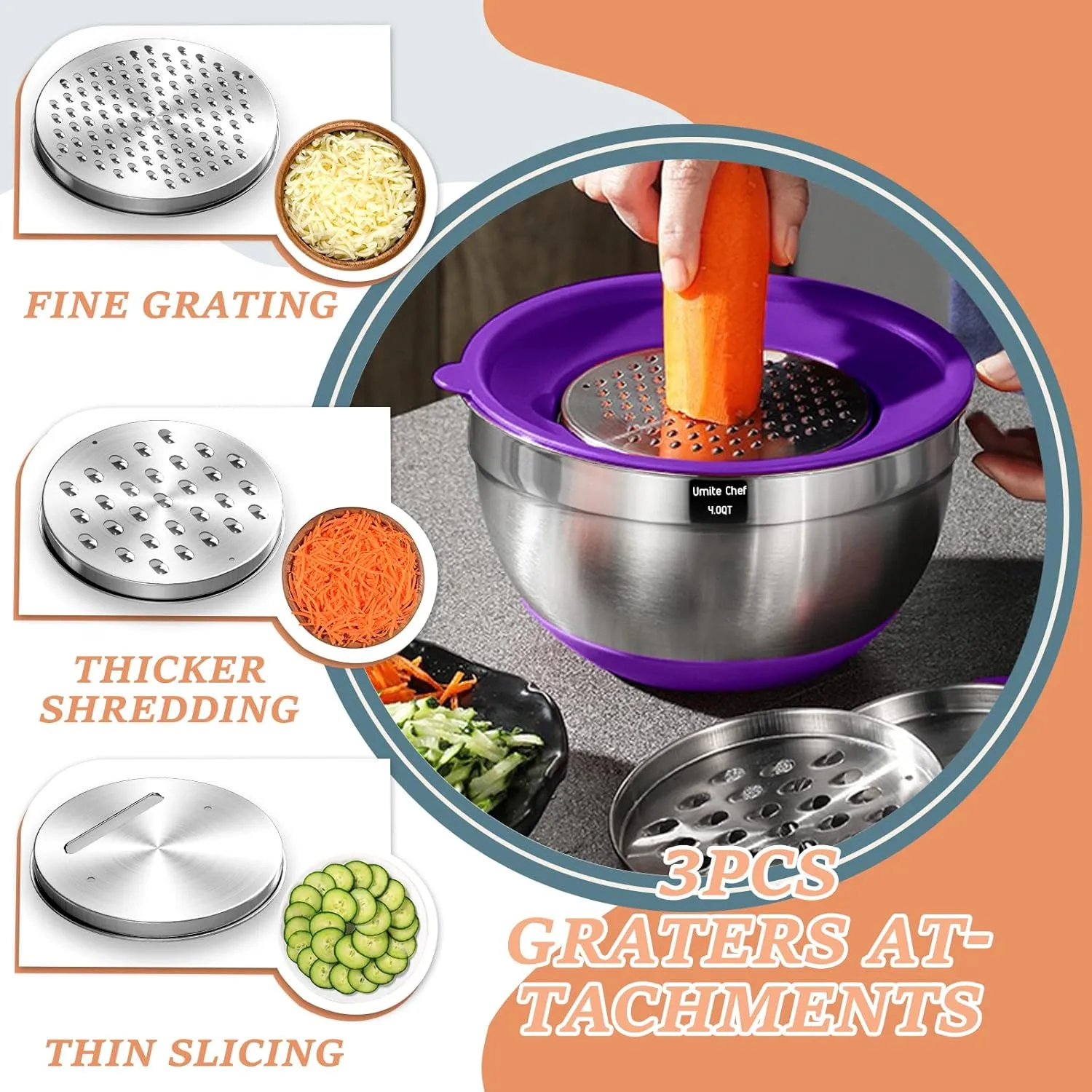 Umite Chef Mixing Bowls with Airtight Lids, 26Pcs Stainless Steel Bowls Set, 3 Grater Attachments & Colorful Non-Slip Bottoms Size 7, 4, 2.5, 2.0,1.5, 1QT, Great for Mixing & Serving