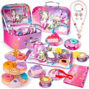 Unicorn Tea Set for Little Girls, Princess Tea Party Set w/ Carry Case, Pretend Play Kids Teapot Tea Cup Set Food Kitchen Accessories, Unicorn Brithday Gift for 3 4 5 6 7 8 Year Old Girl