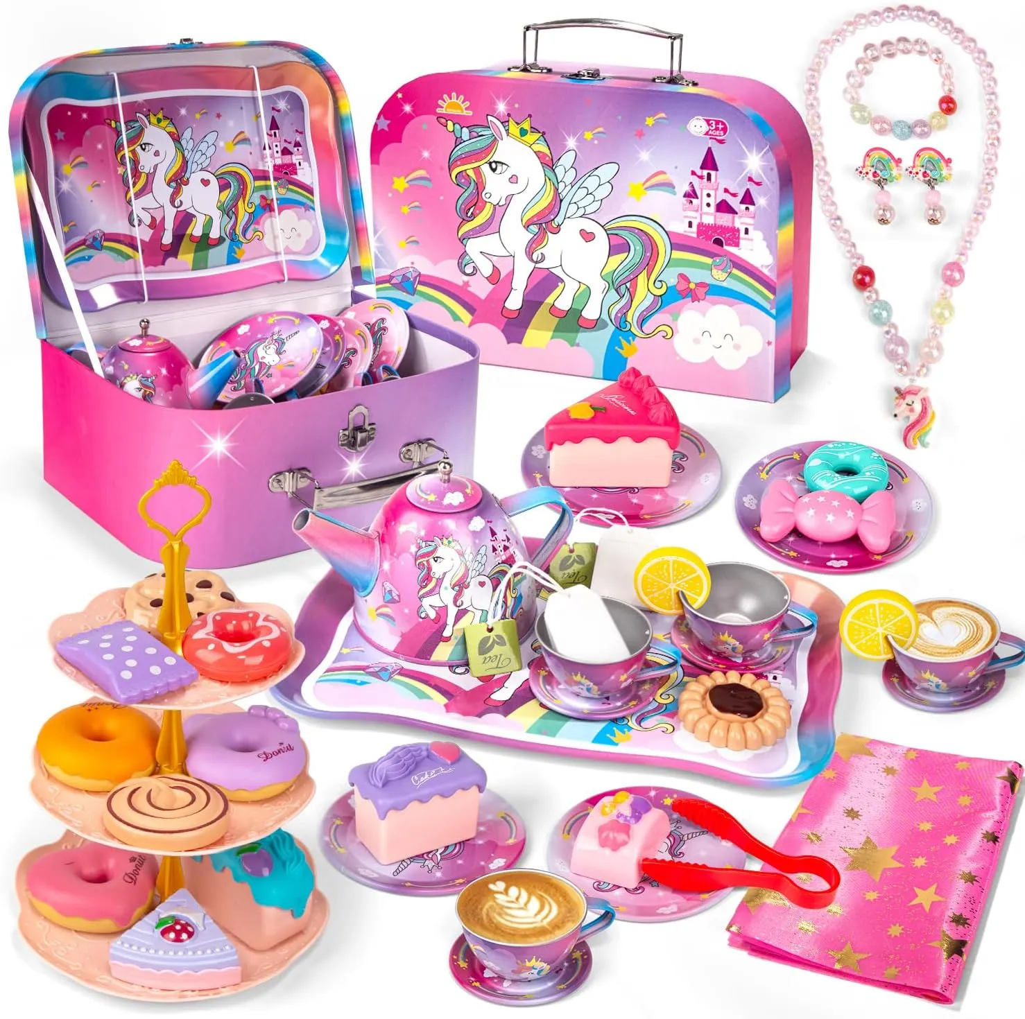 Unicorn Tea Set for Little Girls, Princess Tea Party Set w/ Carry Case, Pretend Play Kids Teapot Tea Cup Set Food Kitchen Accessories, Unicorn Brithday Gift for 3 4 5 6 7 8 Year Old Girl