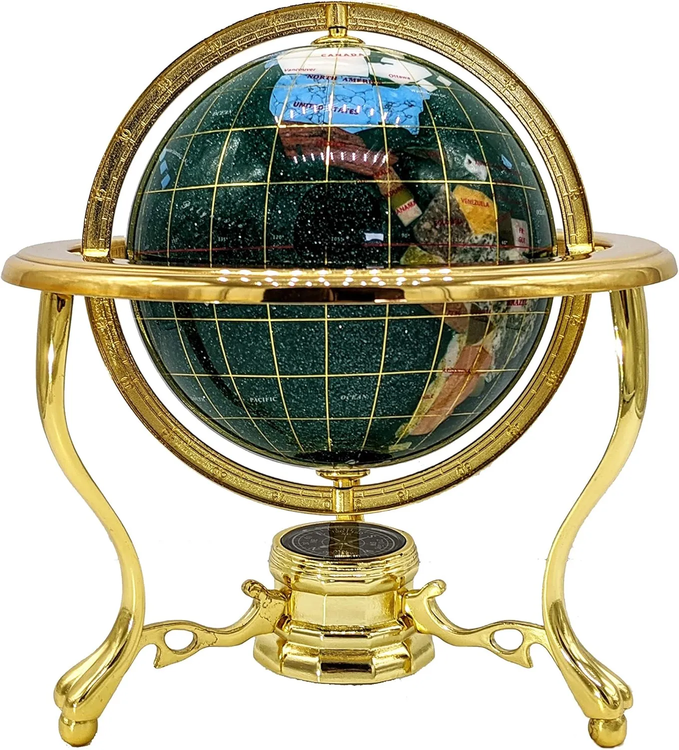 Unique Art 10-Inch by 6-Inch Green Crysbyite Ocean Table Top Gemstone World Globe with Gold Tripod