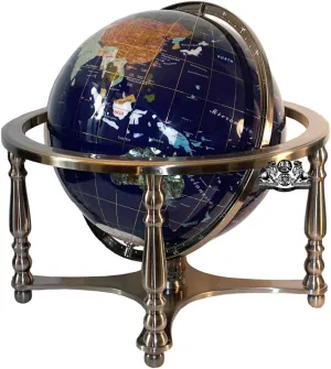 Unique Art 21-Inch Tall Blue Lapis Ocean Table Top Gemstone World Globe with 4 Leg Silver Stand