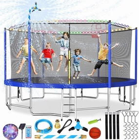 Upgraded 10/12/14/15/16FT Trampoline Outdoor, Large Kids Trampoline with Light, Stakes, Sprinkler, Backyard Trampoline with Basketball Hoop and Net, Capacity for 4-6 Kids and Adults