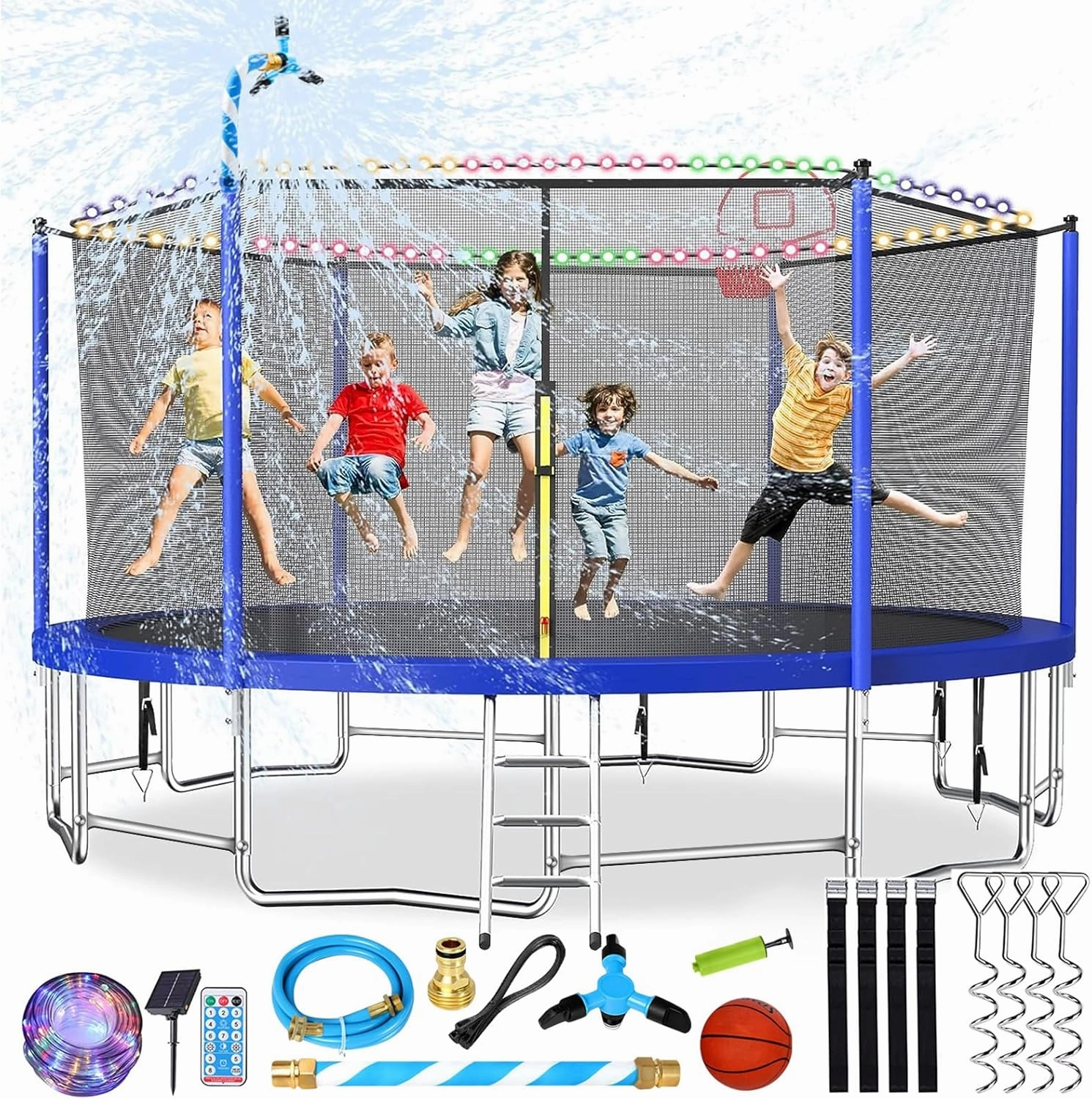 Upgraded 10/12/14/15/16FT Trampoline Outdoor, Large Kids Trampoline with Light, Stakes, Sprinkler, Backyard Trampoline with Basketball Hoop and Net, Capacity for 4-6 Kids and Adults