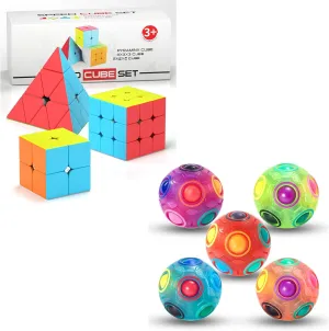 Vdealen 5 Pack Rainbow Puzzle Ball and 2x2x2 3x3x3 Pyramid Stickerless Magic Cube Bundle