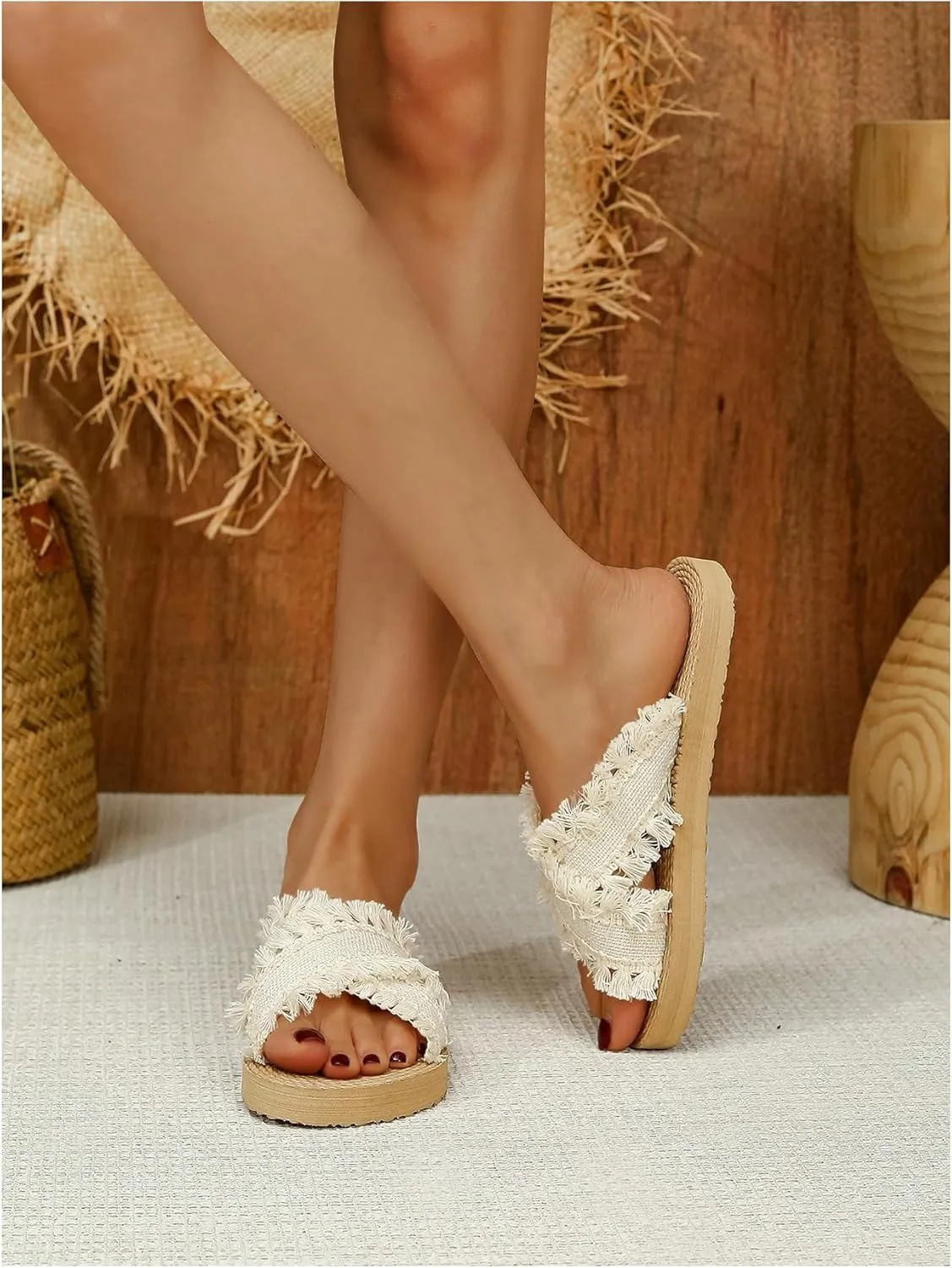 Verdusa Women's Fringe Criss Cross Strap Summer Sandals Slip On Slides Outdoor Shoes