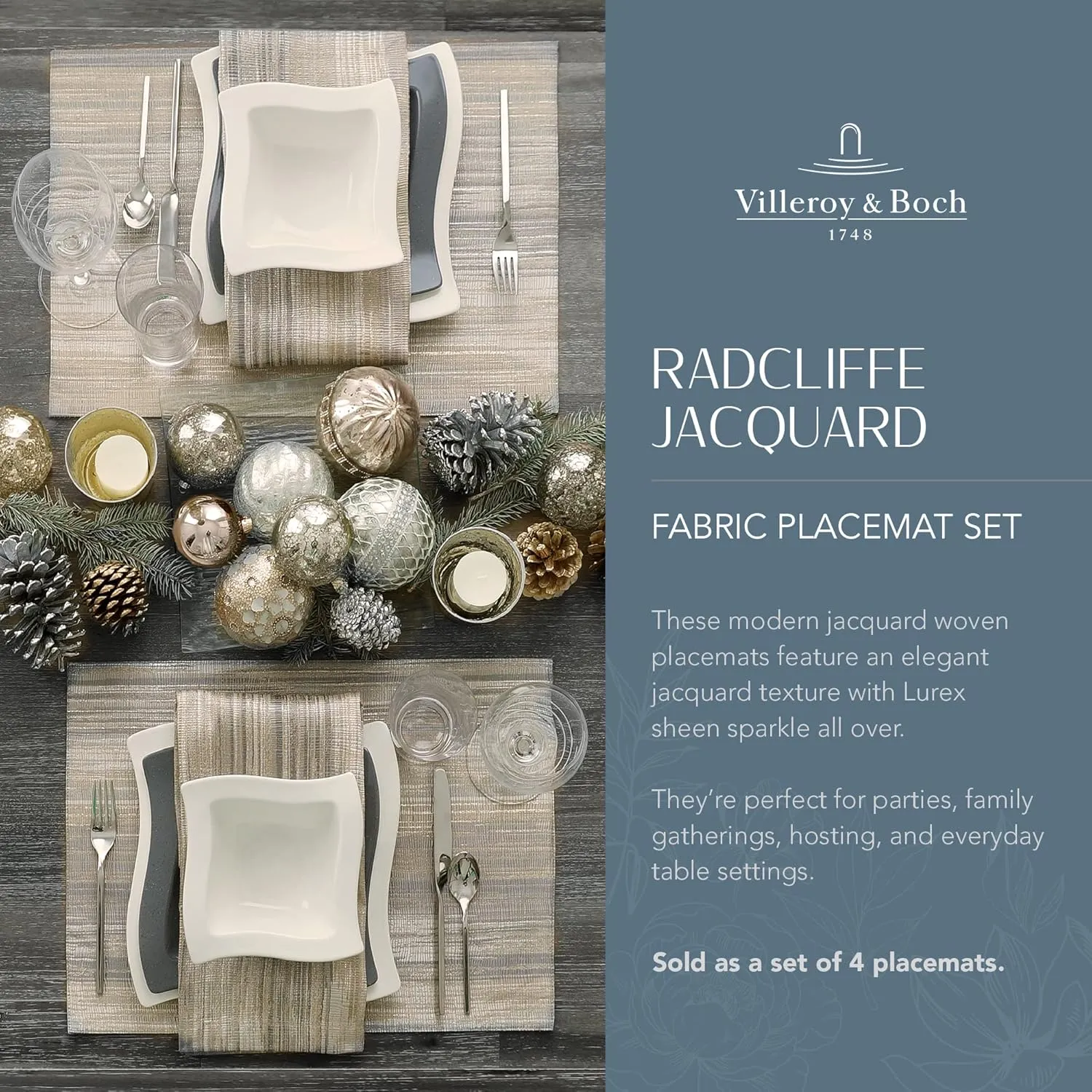Villeroy & Boch Radcliffe Jacquard Woven Placemats, 14 Inches x 20 Inches, Set of 4
