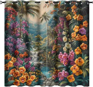 Vintage Colorful Floral Grommet Blackout Curtains for Bedroom, Tropical Palm Tree Jungle Stream Thermal Insulated Curtains Room Darkening Window Drapes, 42W x 84L, 2 Panels