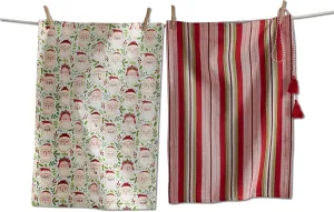 Vintage Santa Claus St Nicholas Colorful Christmas Striped Kitchen Dishtowel Set of 2 Cotton Tea Towels