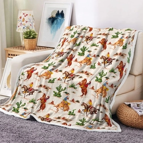 Vintage Western Cowboy Throw Blanket, Wild West Cowboy Ride Horse and Desert Cactus Fleece Blanket, Artistic Soft Flannel Throw Blanket for Chair Bed Sofa Couch Office, 60X80IN All Seasons Unisex