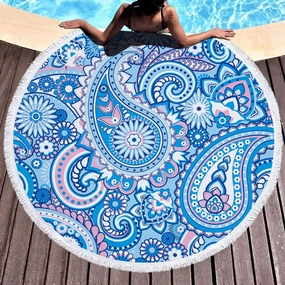 Violet Mist Blue Paisley Round Beach Blanket 60" Soft Microfibre Circular Beach Towel Throw with Fringe Large Sand Free Circle Beach Blanket with Tassels for Women Travel Swimming Pool Picnic Towel